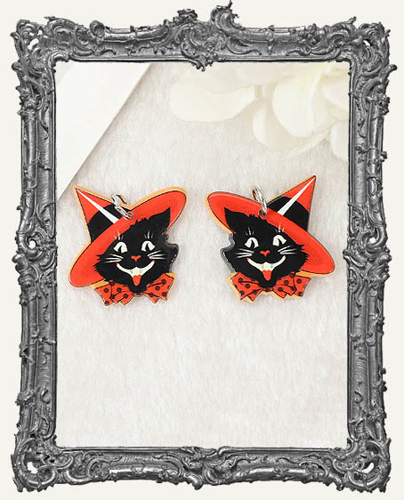 Vintage Halloween Double Sided Acrylic Charms - Orange Witchy Cat