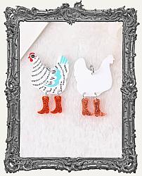 Vintage Whimsical Acrylic Charms - Set of 2 - Chicken with Red Glitter Boots