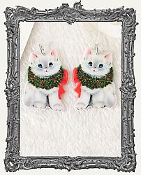 Vintage Christmas Double Sided Acrylic Charms - Set of 2 - Wreath Kitty