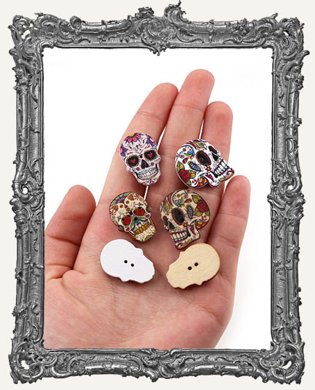 Mini Printed Wood Sugar Skull Buttons - Set of 6