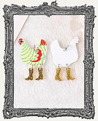 Vintage Whimsical Acrylic Charms - Set of 2 - Yellow Chicken with Gold Glitter Boots