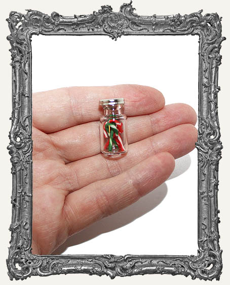 Miniature Clear Glass Filled Jar of Red and Green Candy Canes