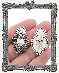 Large Ornate Flaming Heart Milagro Charm - Antique Silver - 1 Piece