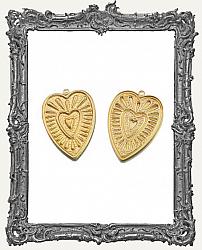 Raw Brass Stamping Heart Charm - Embossed Flaming Heart - 1 Piece