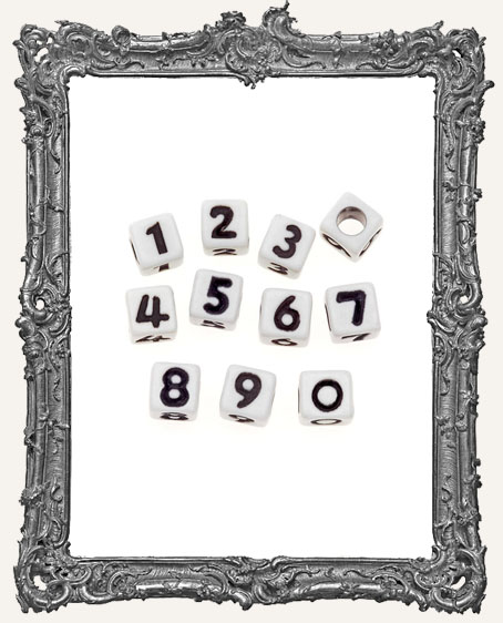 Alpha Beads - Cube - White with Assorted Black NUMBERS - 6mm