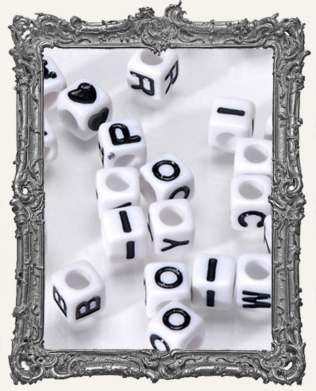 Alpha Beads - Cube - White with Black Letters - 6mm
