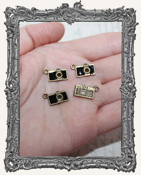 Tiny Brass and Black Enameled Camera Charms - Set of 4