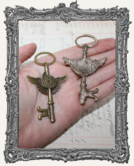 Antique Brass Large Key with Wings - Set of 2
