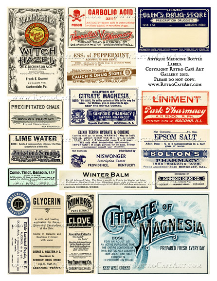 Antique Medicine Bottle Label Collage Sheet