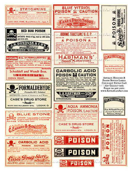 Antique Medicine and Poison Bottle Label Collage Sheet