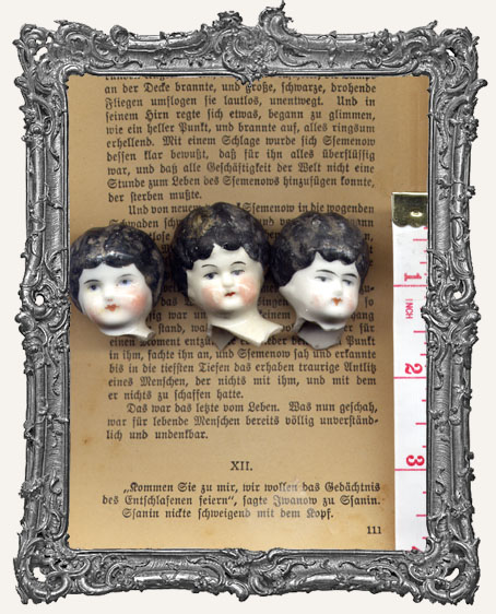 One Antique Hand-painted China German Doll Head BLACK Hair MEDIUM 1.25 - 1.5 Inch
