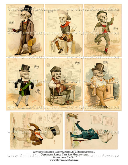 Antique Skeleton Illustrations ATC Backgrounds Collage Sheet I